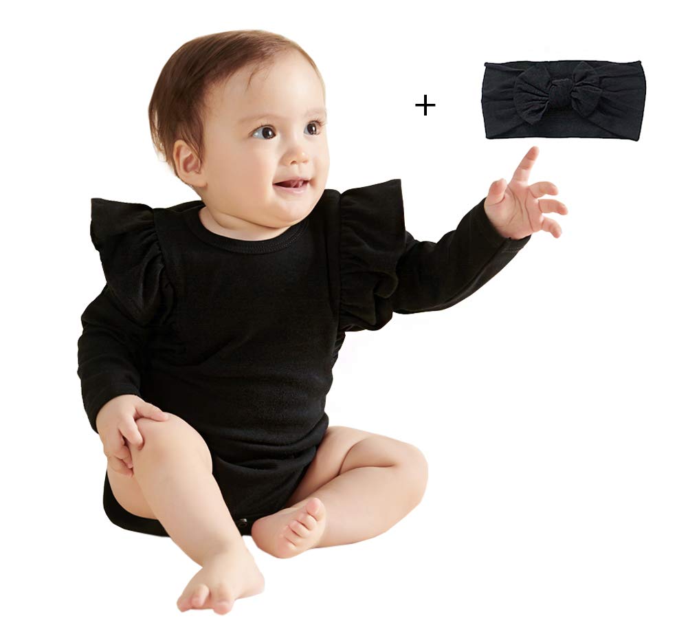 O2 Baby Organic Cotton Onesie Baby Girl Ruffle Romper Long Sleeve Bodysuit Jumpsuit With Headband Outfit Set For Infant(0-3Month
