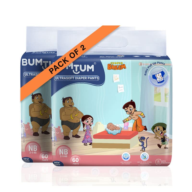 Bumtum Chota Bheem Baby Diapers | Pant Style Baby Diapers New Born Size, 120 Count | Double Layer Leakage Protection Infused Wit