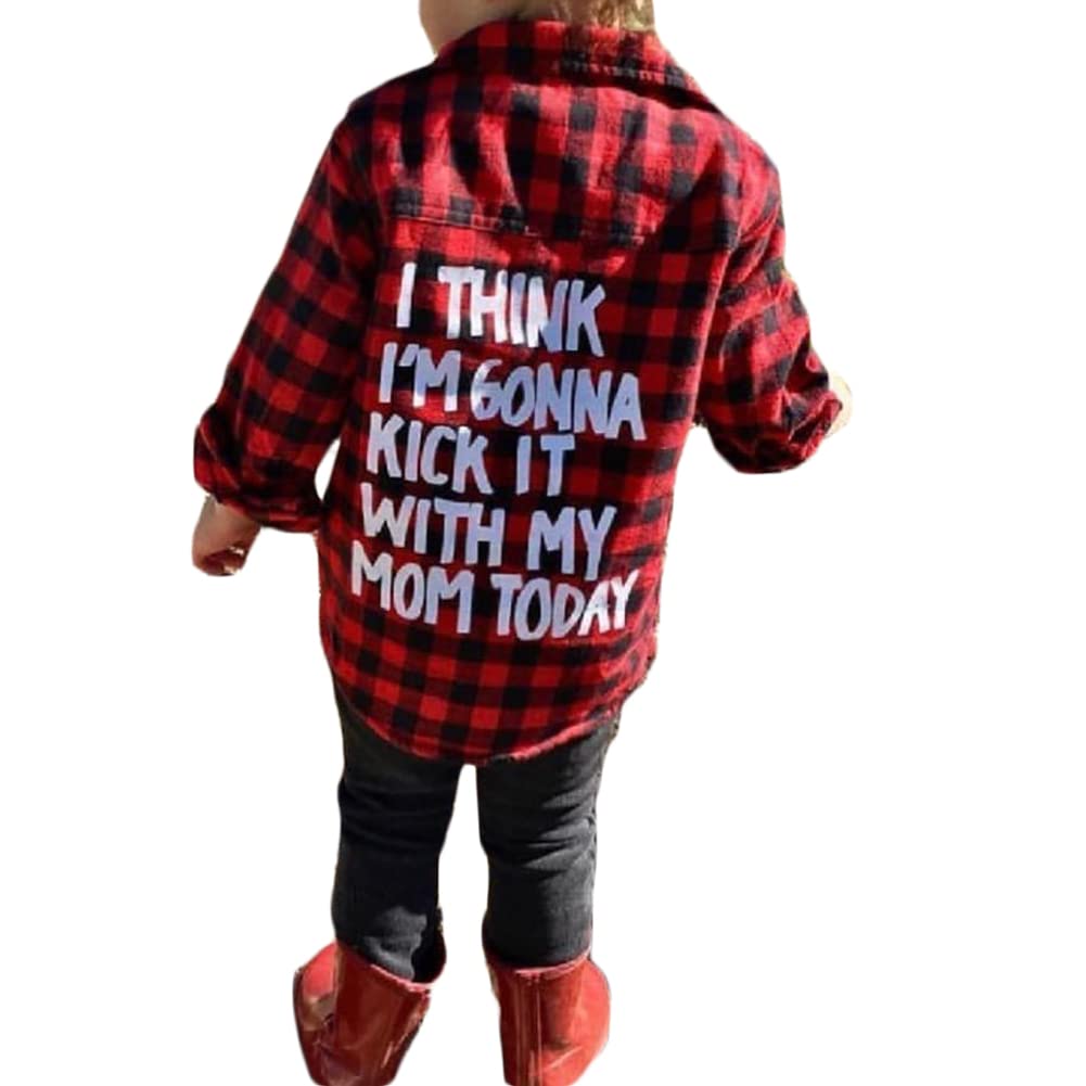 Toddler Baby Boys Girls Flannel Plaid Shirt Long Sleeve Lepel Button Down Back Letters Print Shacket Coat Top (Red Kick It With
