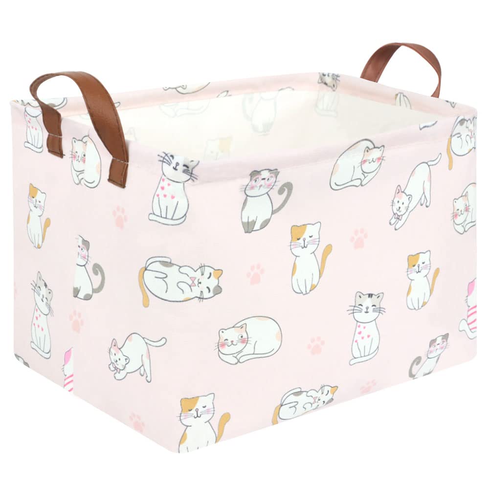 Fxolcshe Rectangular Pink Cat Baskets,Cute Kids Toy Storage Basket Bin,Pink Gift Organizer,Toys Box,Toy Organizer,Baby Nursery,E