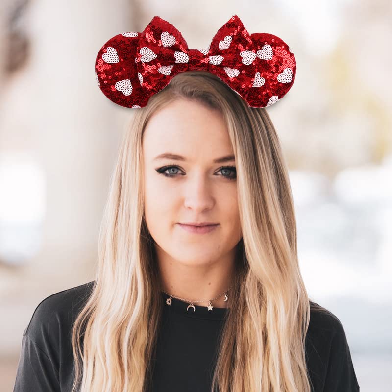 Foeran Mouse Ears Headbands Shiny Bows Mouse Ears Glitter Party Princess Decoration Cosplay Costume For Girls Women (Red Heart D