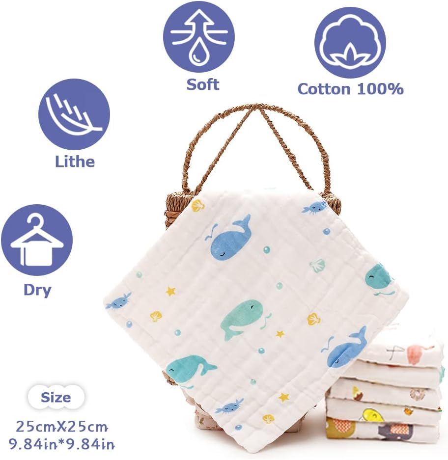 Maveek 9 Pack Toddlers Burp Cloths, 9.8'' X 9.8'' Baby Drool Bib Strong Absorbent Muslin Washcloths Handkerchief Saliva Wipes Fo