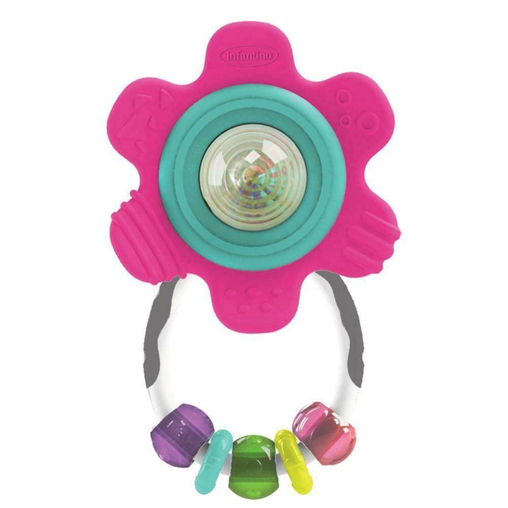 Infantino Spin & Teethe Gummy Yellow Flower Rattle - Easy to Grab, Chewy Rings, Multi-Texutre Petals, Roller Ball Center - Teeth
