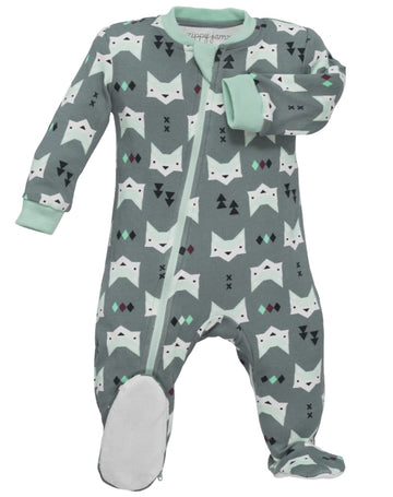 Zippyjamz - Zipper Organic Sleeper Footed Baby Pajamas With Inseam Zipper (Quiet Fox - Green, 6-9 Months)