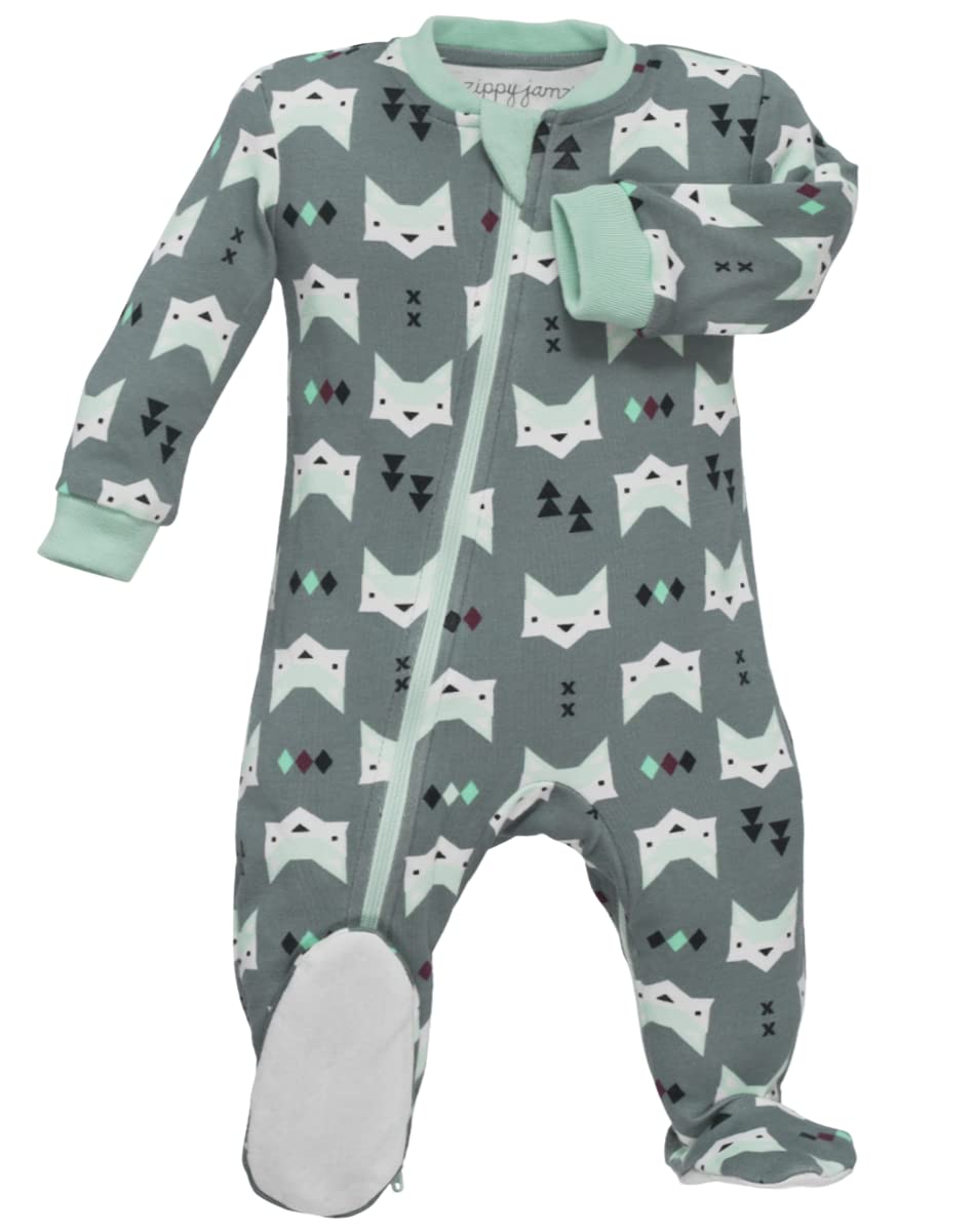 Zippyjamz - Zipper Organic Sleeper Footed Baby Pajamas With Inseam Zipper (Quiet Fox - Green, 12-18 Months)