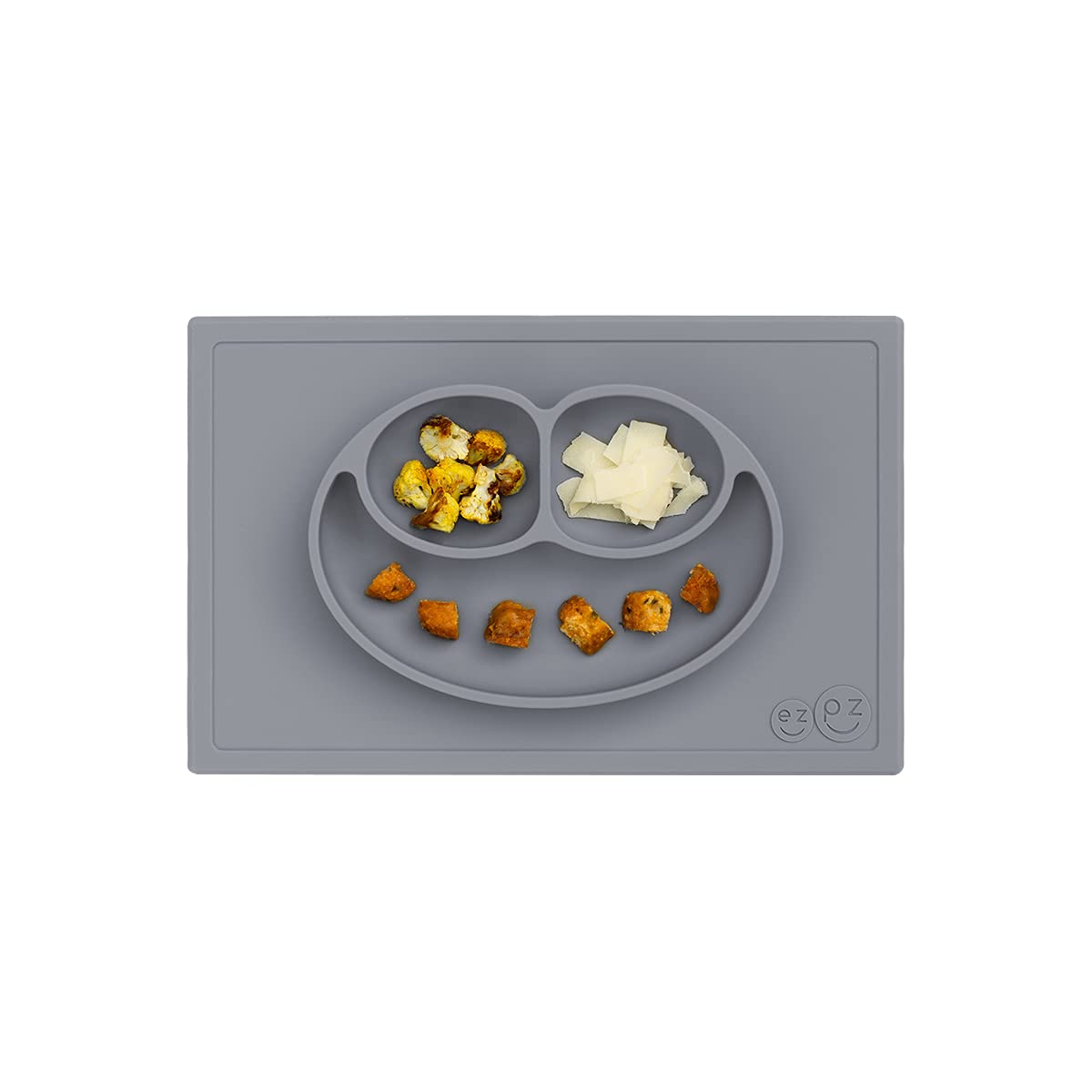 ezpz Happy Mat - 24 Months+ (Gray) - 100% Silicone Suction Plate with Built-in Placemat for Toddlers + Preschoolers - Divided To