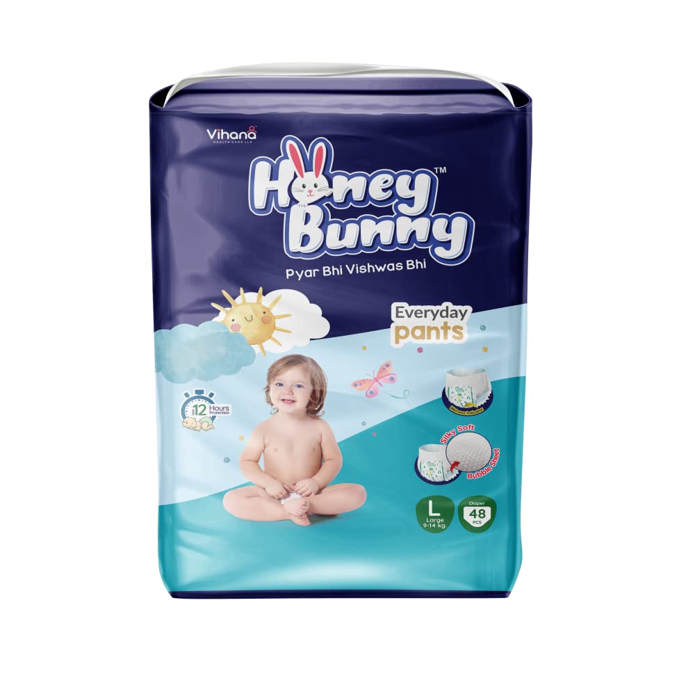 Honey Bunny Everyday Baby Diapers Pants | Large (L), 48 Count, 914 Kg | Silky Soft On Skin, Bubble Layer | 12 Hours Protection 