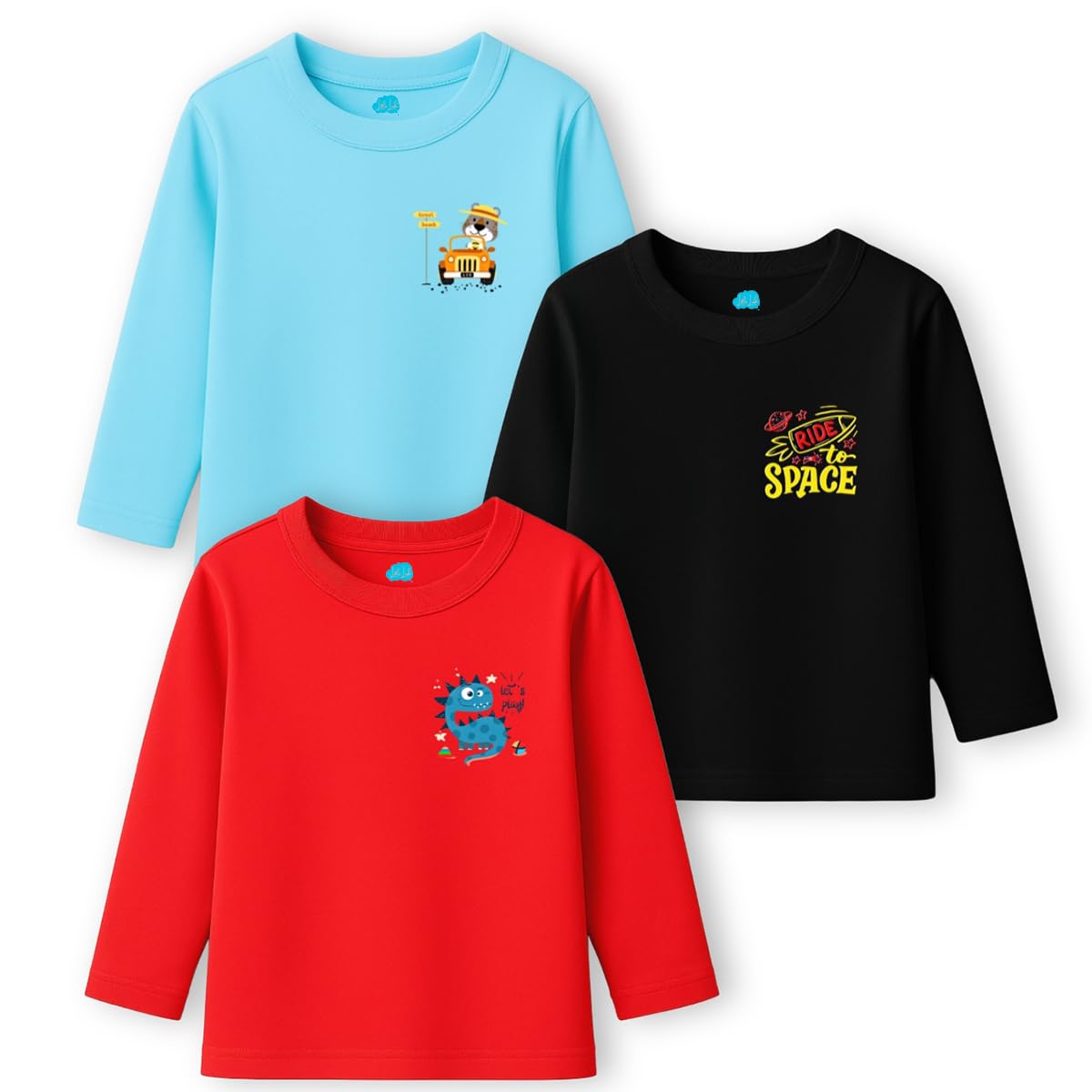 Little Lush Baby Boys (Infants Full Sleeves) Regular Fit Cotton TShirt Pack Of 3 | 36 M, Black + Surf + Red (Multicolour)