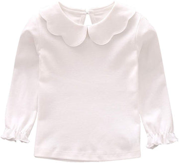 Baby Girl Kids Blouses Long Sleeves Solid Color Doll Collar T-Shirt Top Bottom (White, 2-3T)