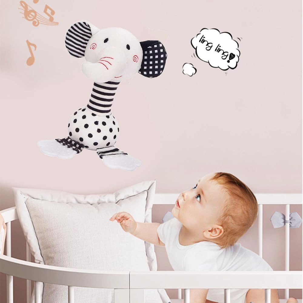 D-KINGCHY Baby Toys 0-12 Months, Black and White Newborn Toys, Soft Plush Rattle Stuffed Animal Toy with Teether and Sound, Deve