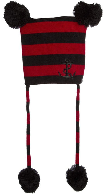 Sourpuss Red & Black Pom Pom Kids Hat With Anchor Embroidery From Clothing