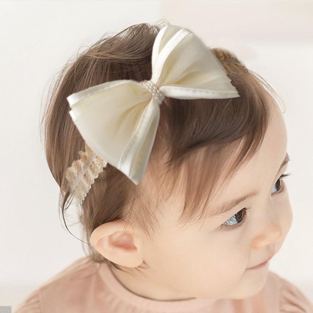 Asphinien Cute Baby Girl Lace Headband Lace Bow Hair Accessories Elastic Bow Head Wrap for Newborn Infant Toddler Christening Ba