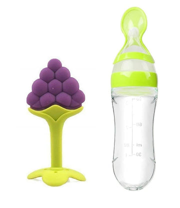 GREST Silicone Easy Squeezy Spoon Food Feeder and Grapes Shaped Silicone Teether for Babies Color May Vary