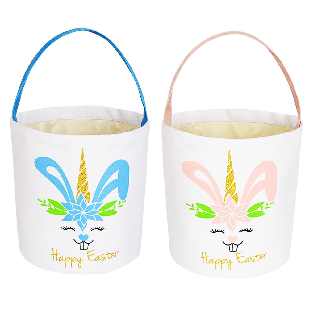 2 Pcs Easter Canvas Bunny Baskets For Kids, Personalized Unicorn Tote Bags For Easter Party Decoration, Toy Candy Gifts Storage,