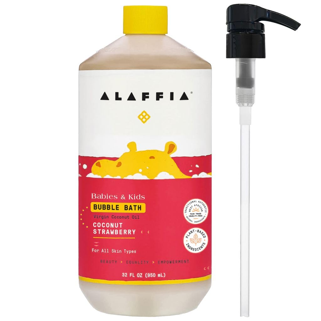 Alaffia Babies & Kids Bubble Bath, Coconut Strawberry, Pump Included - Gentle Cleanser With Raw Shea Butter And Hibiscus, 32 Fl