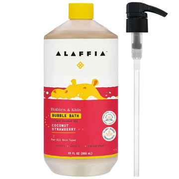 Alaffia Babies & Kids Bubble Bath, Coconut Strawberry, Pump Included - Gentle Cleanser With Raw Shea Butter And Hibiscus, 32 Fl