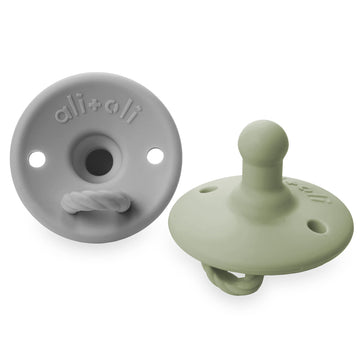 Ali+Oli Pacifier for Baby (2-pk) Set Original Round (Grey-Sage) Concaved Shield Newborn Pacifiers, BPA-Free Silicone Baby Pacifi