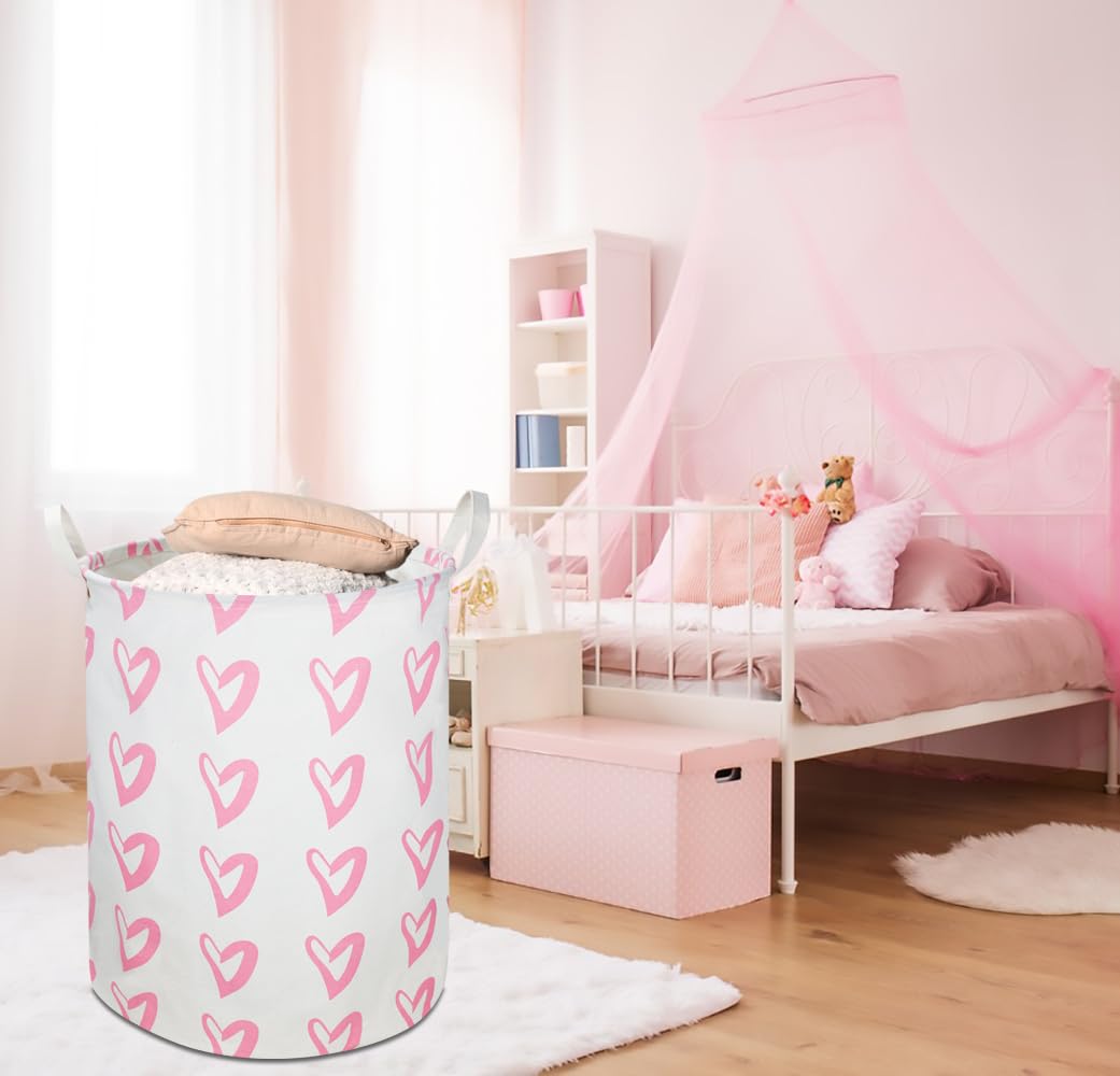Clocor Pink Laundry Basket,Waterproof Baby Girls Nursery Hamper, Girls' Room Decor,Kids Toys Storage Bin,Gift Basket(Pink Heart