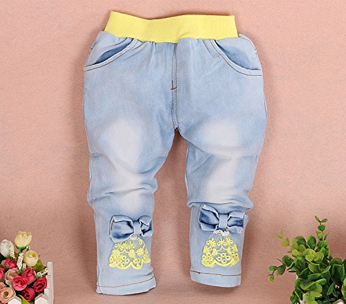 Yao Little Girls Denim Clothing Sets 3 Pieces Sets T Shirt Denim Jacket And Jeans(Yellow,3-4Years)