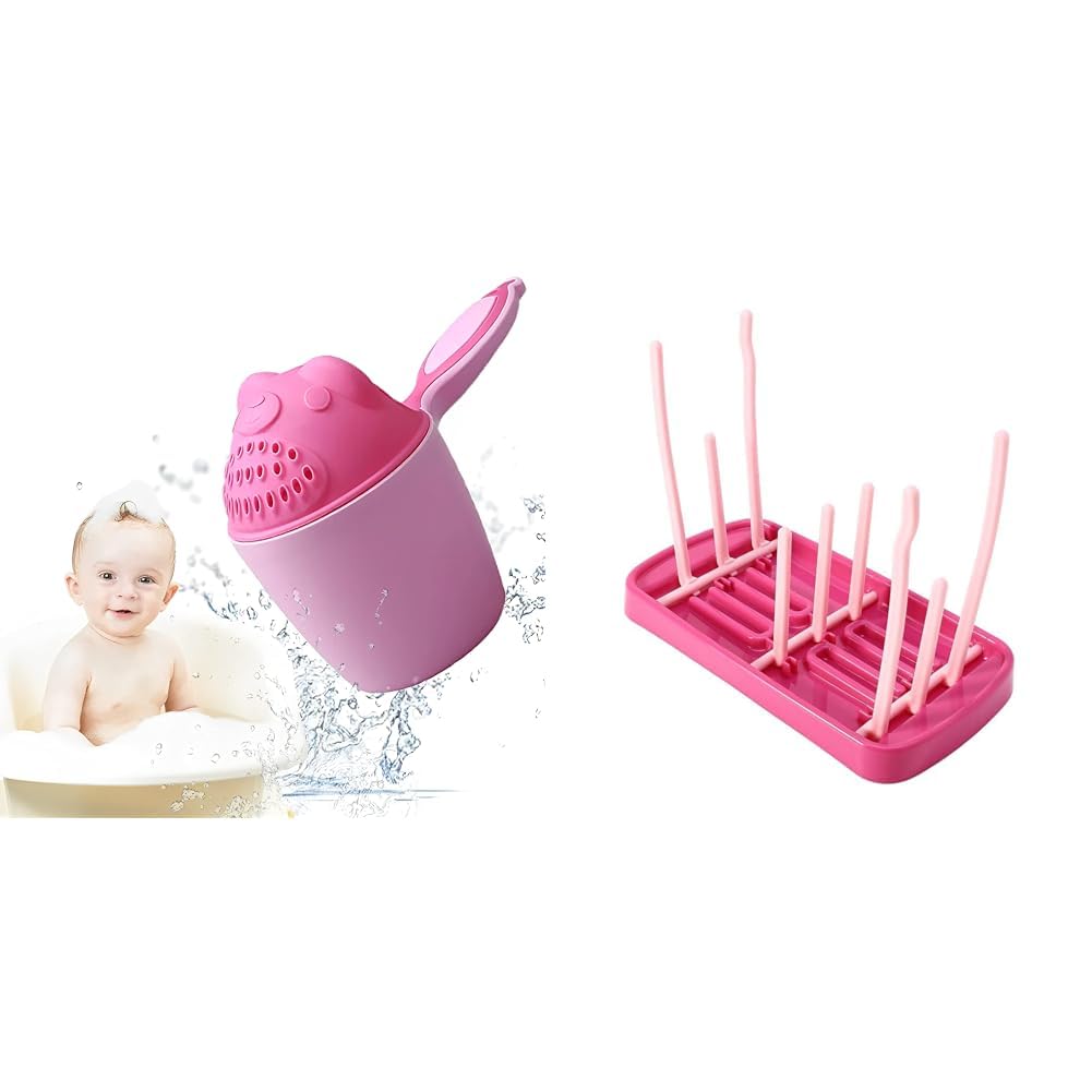 Syga Baby Care Essential  Shampoo Cup With Water Scoop & Foldable Bottle Drying Rack | Perfect For Baby Bath & Feeding | Pink C