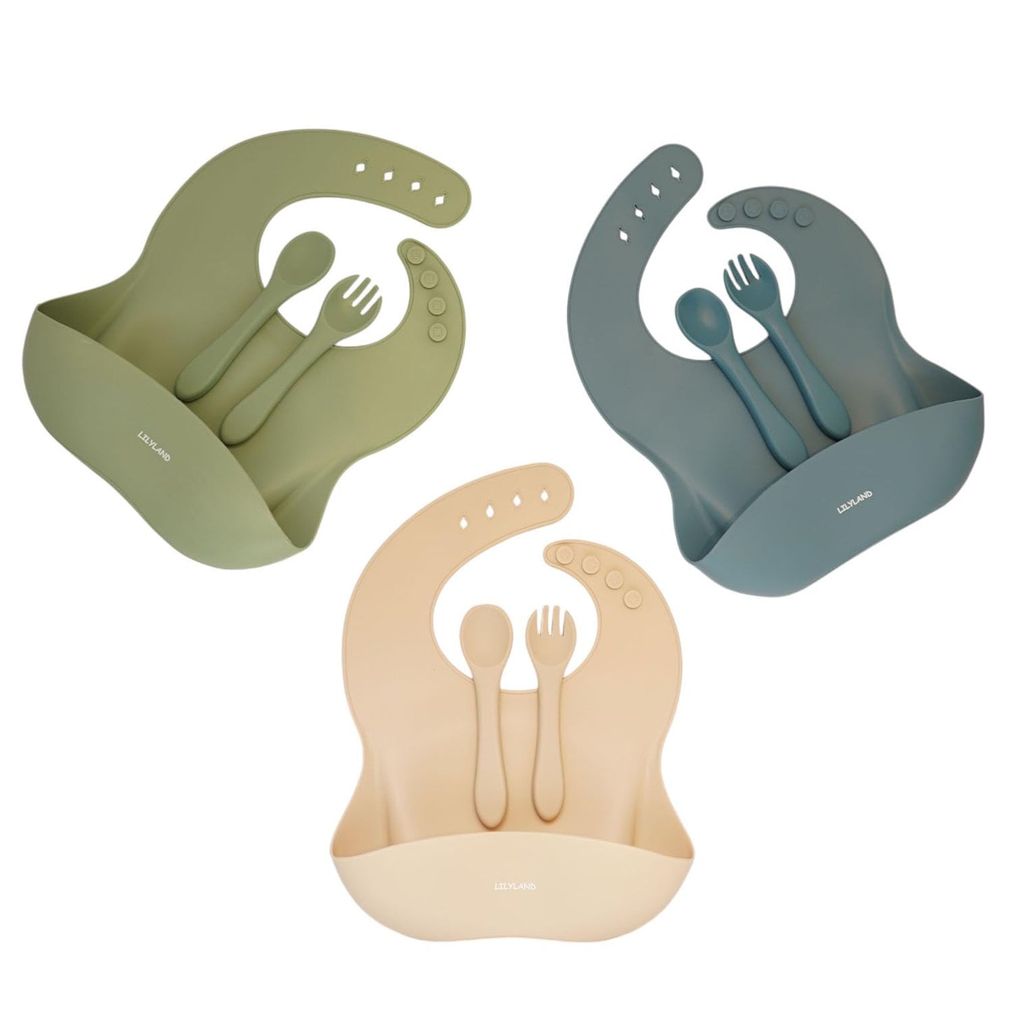 Baby Feeding Silicone Bibs with Food Catcher, Adjustable Neck Band, 3 Pack & 3 Sets of Spoons & Forks, Food Grade Pure Silicone,