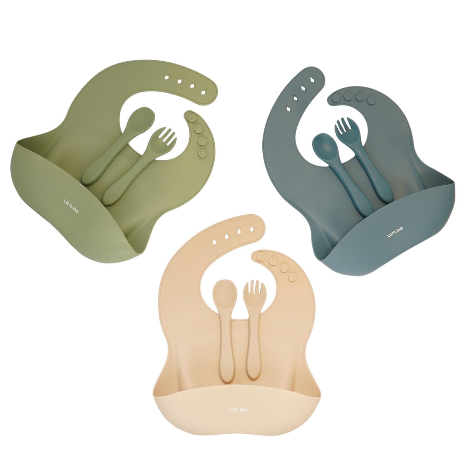 Baby Feeding Silicone Bibs with Food Catcher, Adjustable Neck Band, 3 Pack & 3 Sets of Spoons & Forks, Food Grade Pure Silicone,