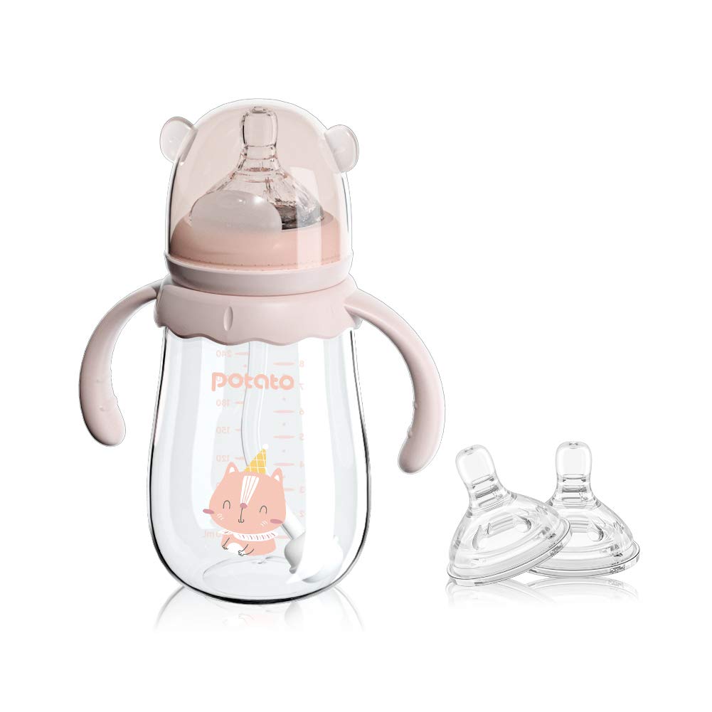 Potato Glass Baby Bottles, Anti-Colic Breastfeeding Bottles With Fast Flow Nipple, Suitable For Babies 6-12 Months, 2 Replaceabl