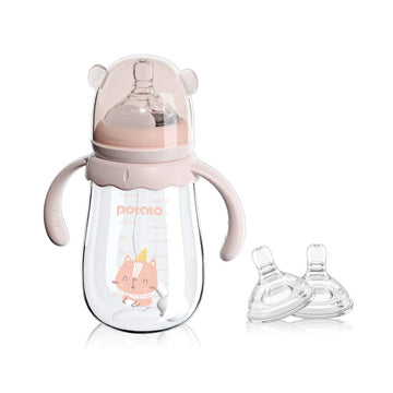 Potato Glass Baby Bottles, Anti-Colic Breastfeeding Bottles With Fast Flow Nipple, Suitable For Babies 6-12 Months, 2 Replaceabl