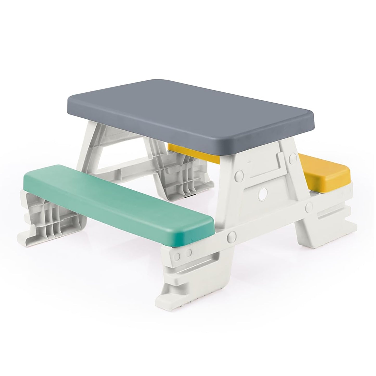 DOLU: Picnic Table for 4: White, Green, Yellow - Indoor/Outdoor, Bench Seating, Durable Waterproof Plastic Toy, 30.3 x 28 x 17, 