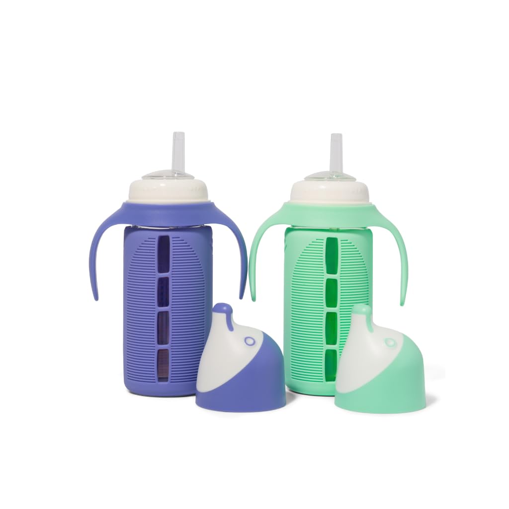 Tabor Place Set of 2 - Glass Sippy Cup for Toddlers - The Luca | Mint Green & Indigo Purple | Spill-Proof | Silicone Straw | 8 o