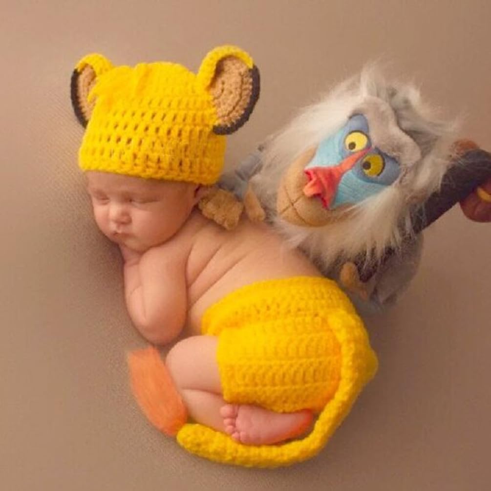 Newborn Baby Photo Shoot Props Girl Boy Crochet Knit Hat Costume Stripe Hat Pants Overalls Photography Props (Yellow)