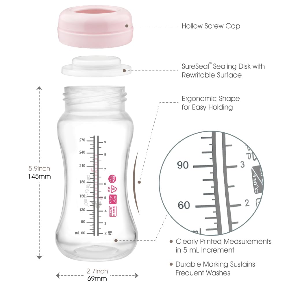 Maymom Wide-Mouth Milk Collection Storage And Feeding Bottle With Nipple, Pink Dome Cap, Bottle Top, Sureseal Sealing Disk; Comp