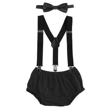 Baby Boys Cake Smash Clothes Diaper Suspenders Pants Bow Tie 3Pcs Set First 1St 2Nd Birthday Outfit For Photo Prop Party Black 3