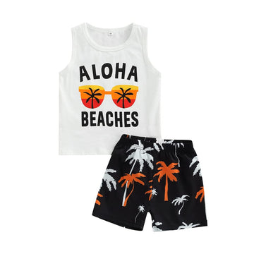 Fybitbo 2Pcs Toddler Baby Boys Summer Clothes Sets Cute Mamas Boy Sleeveless Tank Tops T-Shirt+Palm Shorts Outfits (B-White & Bl