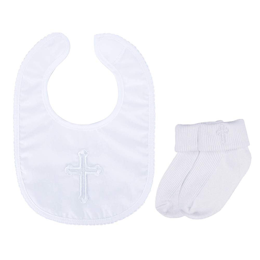 Infant Baby Boys ' Girls ' Christening Baptism Embroidered Cross Bib And Socks For Outfits
