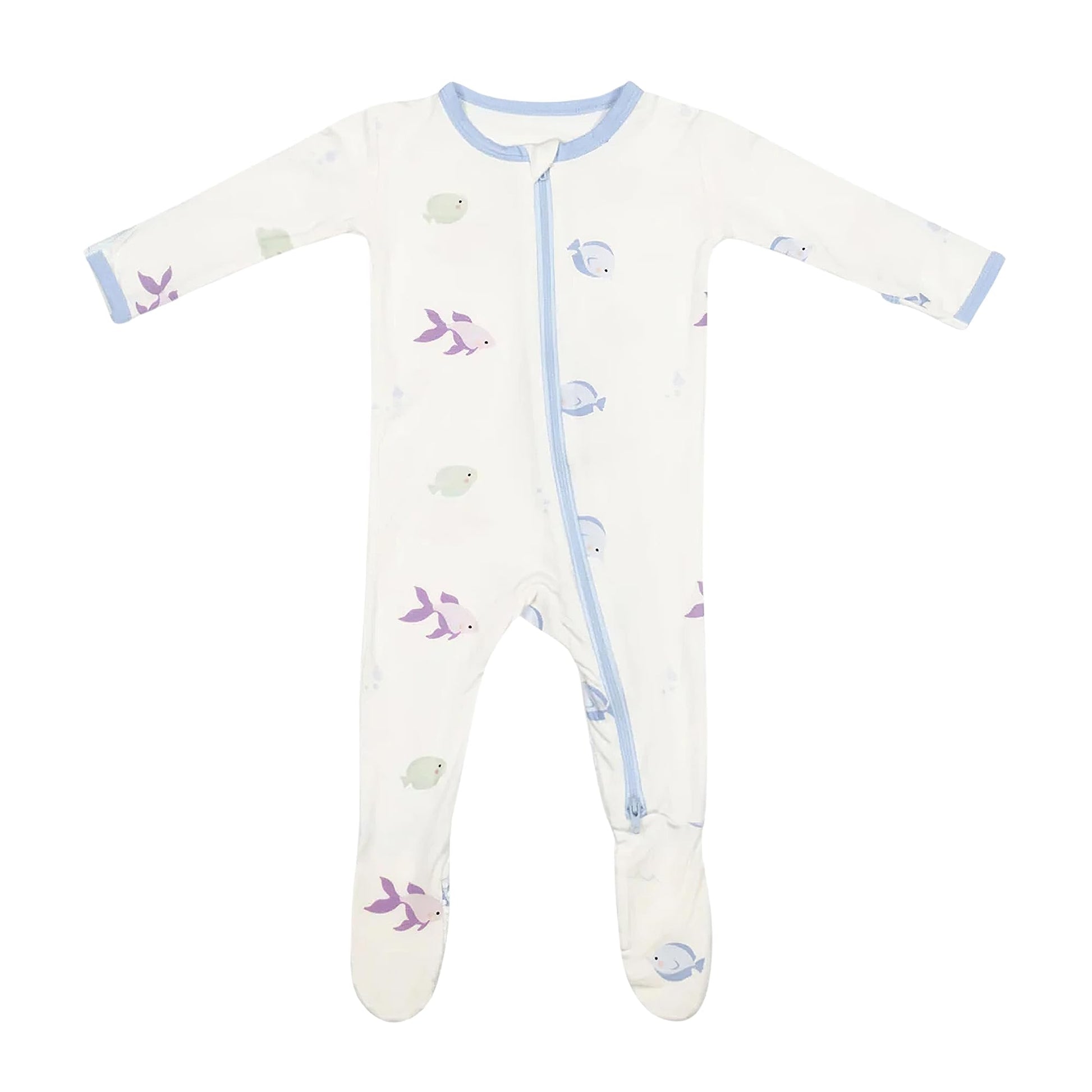 Blue Fish Footie For Baby - 95% Viscose From Bamboo, 5% Spandex - Soft Newborn Sleepwear, Baby Pajamas, Unisex Baby Clothes, Zip