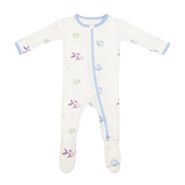 Blue Fish Footie For Baby - 95% Viscose From Bamboo, 5% Spandex - Soft Newborn Sleepwear, Baby Pajamas, Unisex Baby Clothes, Zip