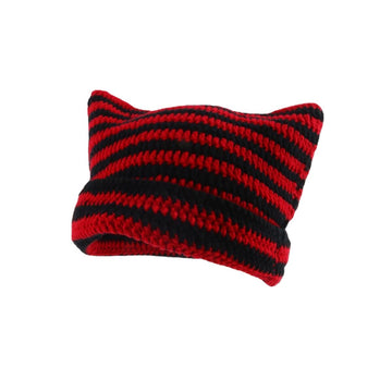 Crochet Hats For Women Cat Beanie Vintage Beanies Women Fox Hat Grunge Accessories Slouchy Beanies For Women (Black Red,One Size