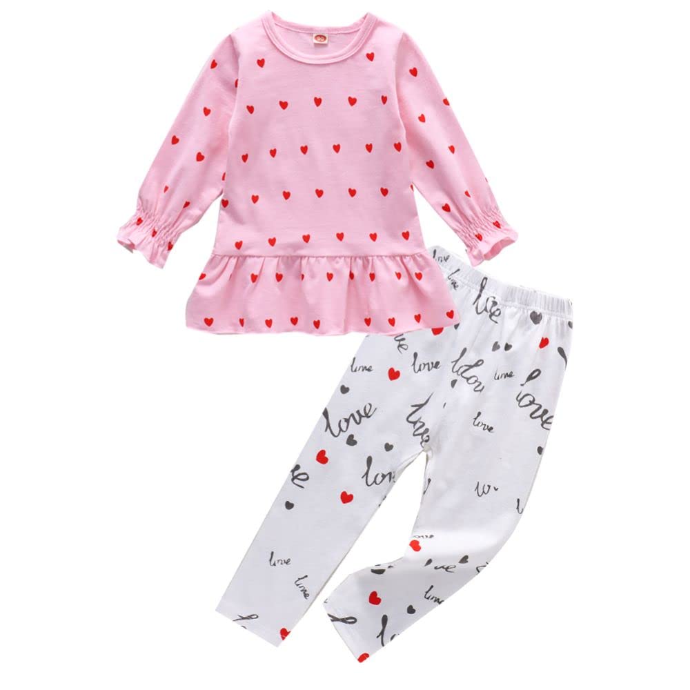Gliglittr Toddler Baby Girls Clothes Set Valentine'S Day Heart Print Long Sleeve Ruffle T-Shirt+Pants Kids 2Pcs Outfits (Pink, 2