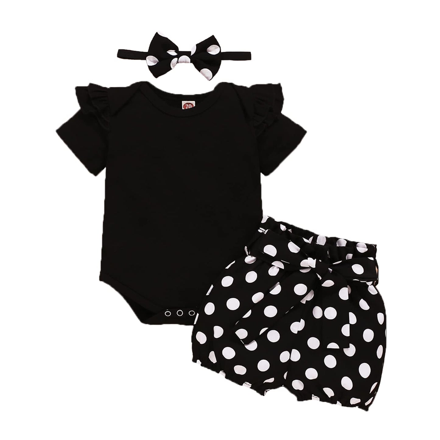 Sanpersonlin Newborn Baby Girl Set Ruffled Sleeve Romper Polka Dots Shorts Bloomers Bowknot Headband Boutique Clothes (Yxx017A-B