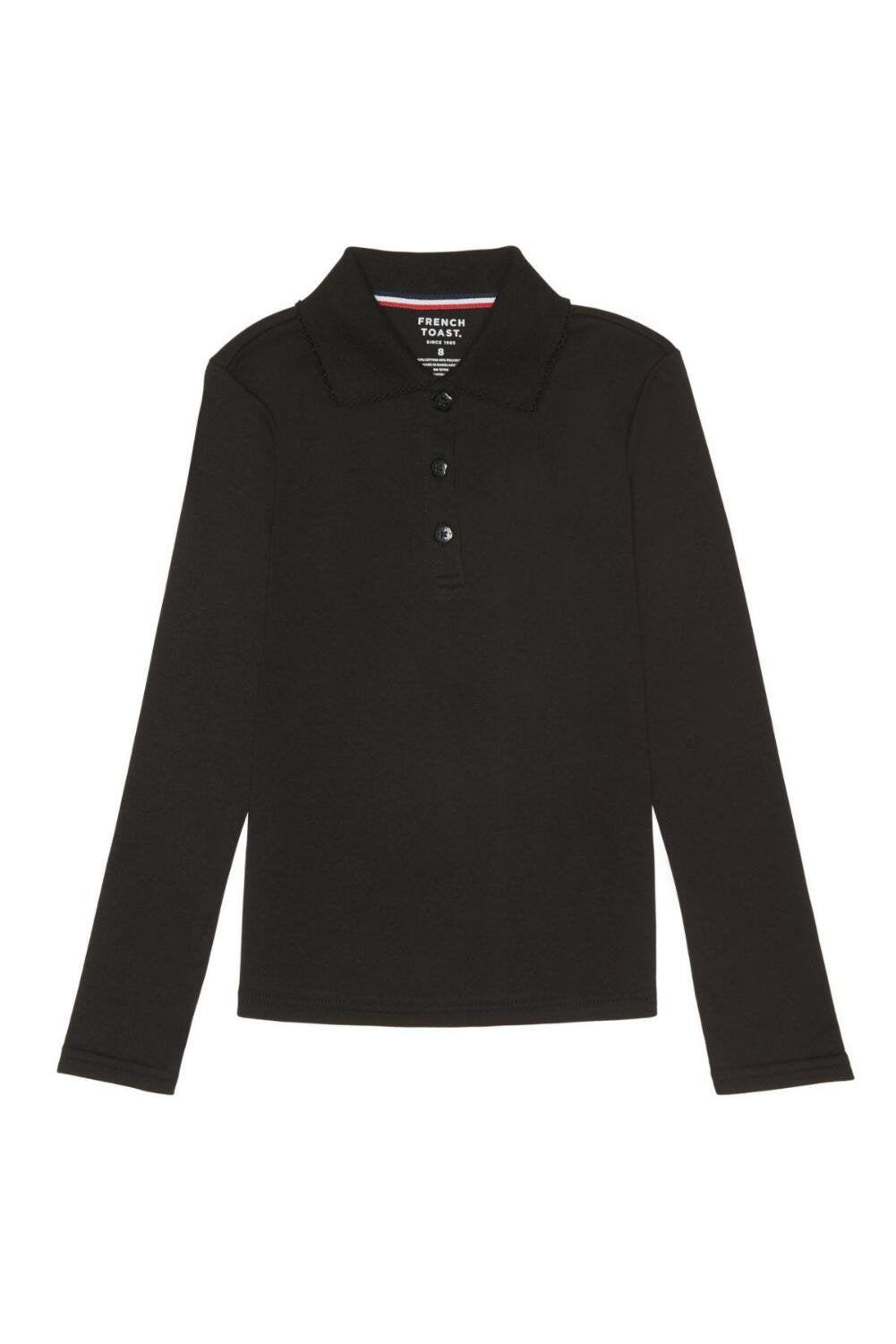 French Toast Girls Ruffle Collar Polo Shirt With Long Sleeves, Black/Black, 1012