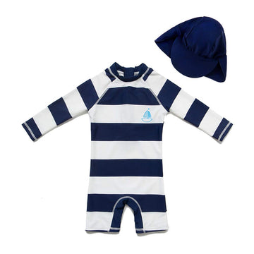 Upandfast Kids One Piece Zip Sunsuit With Sun Hat Upf 50+ Sun Protection Baby Beach Swimsuit (Stripe(Ls), 12-18 Months)