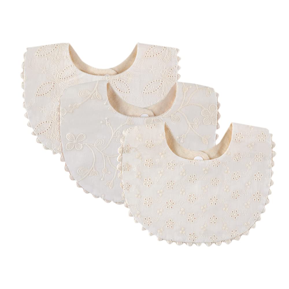 Gzmm Baby Bib For Girls,Reversible Waterproof Handmade Natural Cotton Baby Drool Bib 0-12 Months 2 Pack (Off-White Color A, 0-12