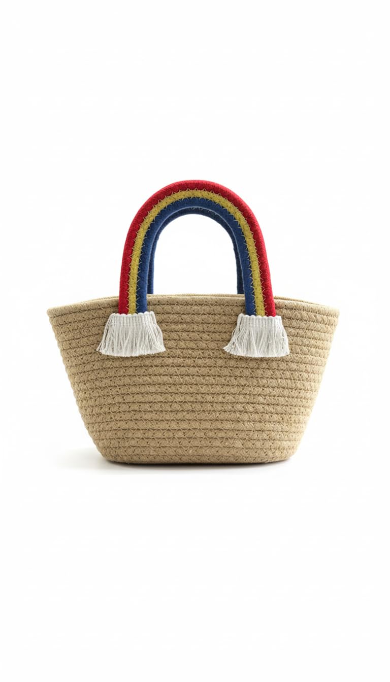 Kids Tote Bag with Rainbow Handles  EcoFriendly Cotton Rope Storage Basket for Girls | Cute Birthday Gift for Girls Age | Mult