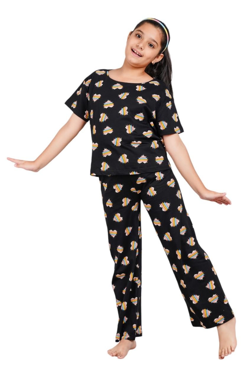 BLOEM Girls Cotton Night Suit | Comfortable Sleepwear & Loungewear | Soft Printed Pyjama Set with Long Sleeves TShirt | Casual 