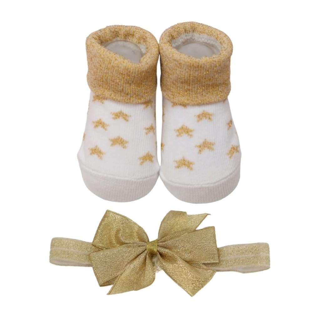 Yellow Bee Star Print Socks And Bow Headband Set For Girls Pack Of 2 White And Golden, 03M