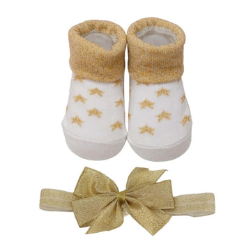 Yellow Bee Star Print Socks And Bow Headband Set For Girls Pack Of 2 White And Golden, 03M