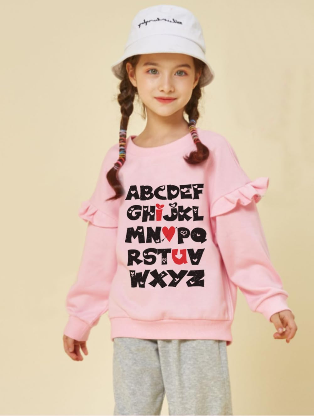 Little Hand Kids Alphabet Sweatshirts Abc I Love You Print Tops Valentine'S Day Shirt Toddler Girls Heart Ruffle Sleeve Shirts 7