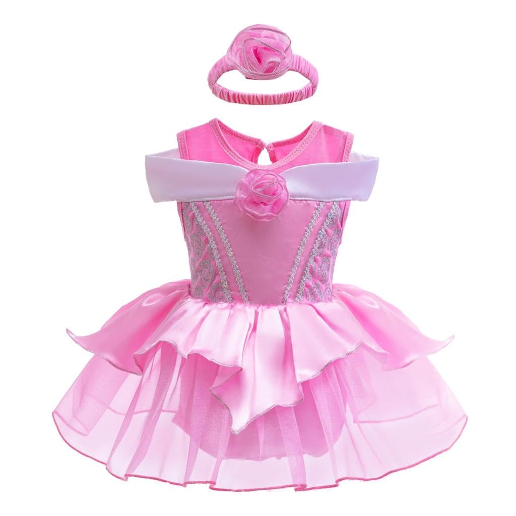Dressy Daisy Baby Girl Princess Costume Dress Up Pink Romper Tutu Skirt Onesie Off-Shoulder Sleeve with Rose Headband, Infant Bi