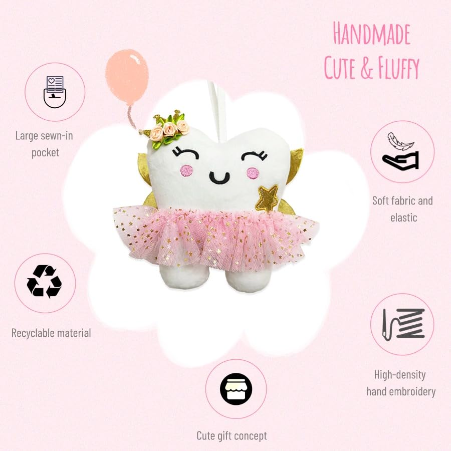 Hy.Mis Tooth Fairy Pillow With Pocket For Girls, Tooth Pillow For Tooth Fairy, Tooth Fairy Plush Dolls With Glittering Wings, To